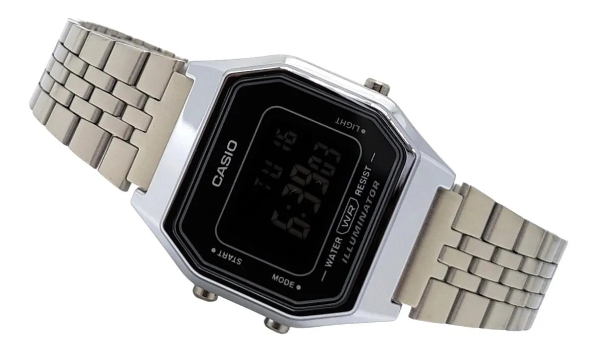 RELOJ CASIO VINTAGE LA680WA-1BDF PLATEADO NEGRO MUJER. PANTALLA NEGATIVA. TAMAÑO MINI