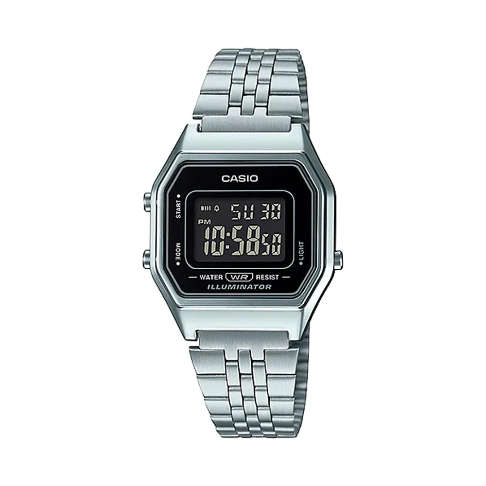 RELOJ CASIO VINTAGE LA680WA-1BDF PLATEADO NEGRO MUJER. PANTALLA NEGATIVA. TAMAÑO MINI