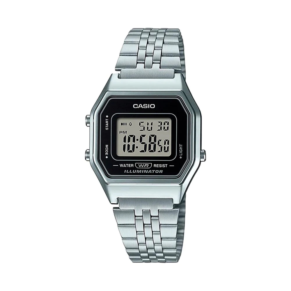 RELOJ CASIO VINTAGE LA680WA-1DF PLATEADO NEGRO MUJER. TAMAÑO MINI